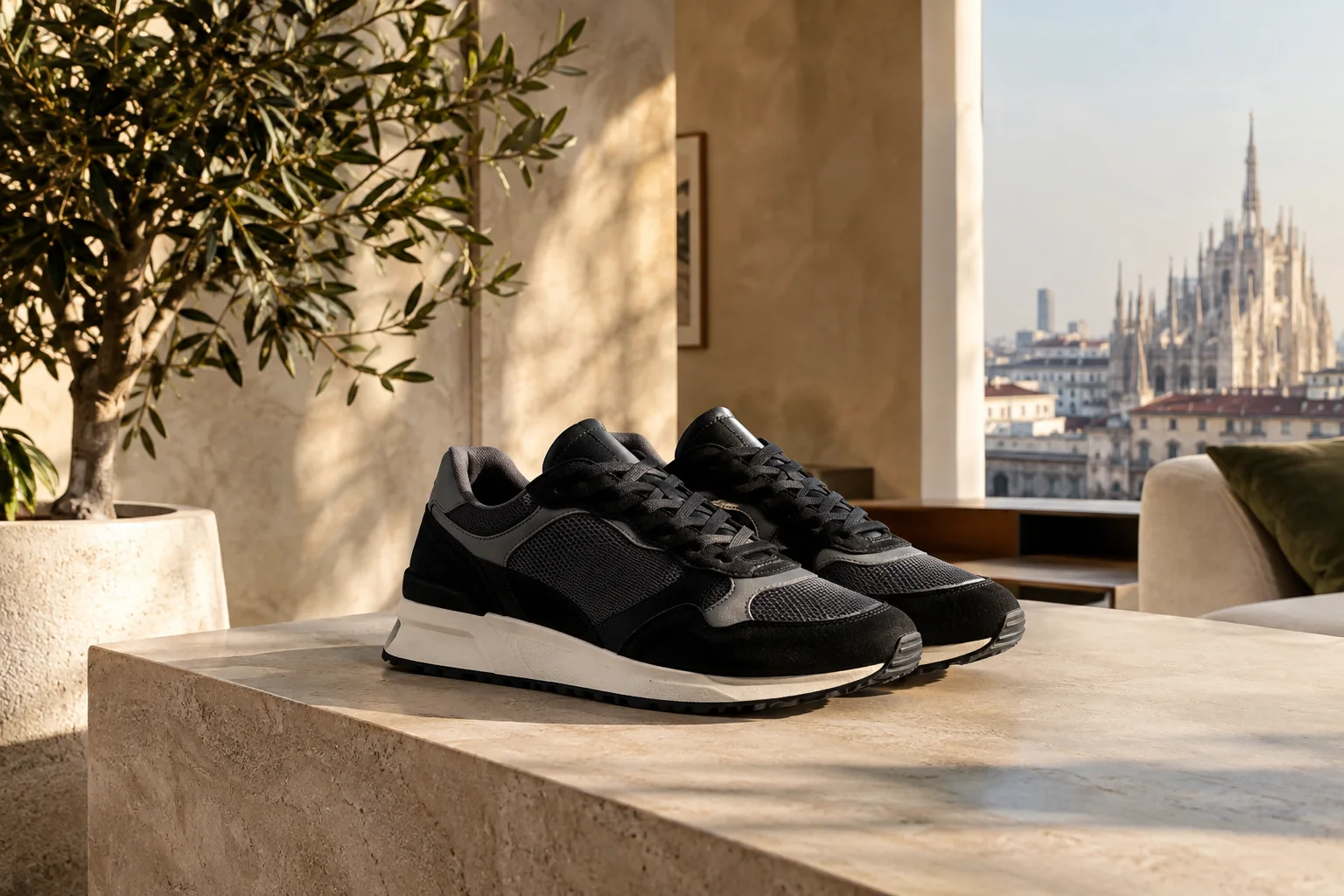 Paio di sneaker nere fotografate su fondo neutro